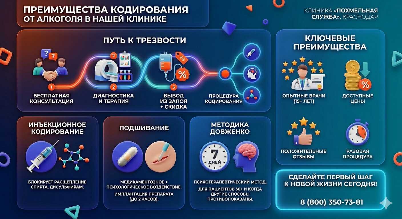 Инфографика о методах кодирования от алкоголя в Редкино: инъекции, подшивание, метод Довженко. Преимущества клиники и этапы лечения.