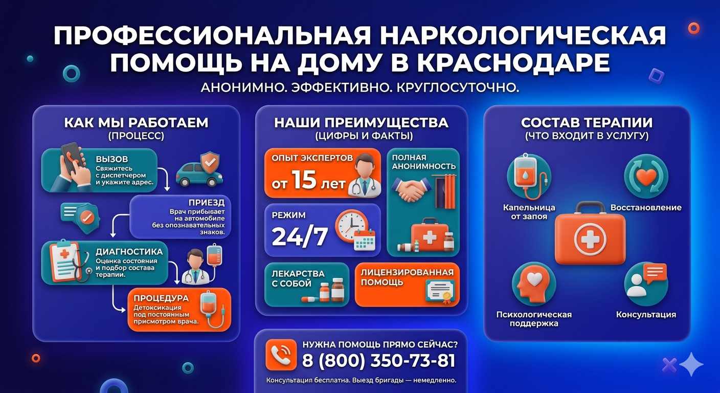 Инфографика о принципах лечения алкоголизма на дому в Редкино: этапы вызова нарколога, преимущества анонимной детоксикации и состав медицинской помощи.